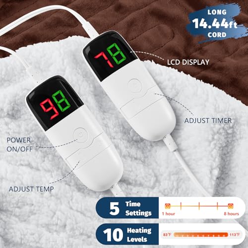 Heated Electric Blanket Queen Size - 84" x 90" Heating Blanket with Dual Control, 10 Levels & 8 Hours Auto Off, Soft Warm Flannel Gift with Over-Heat Protection, ETL & FCC Certified