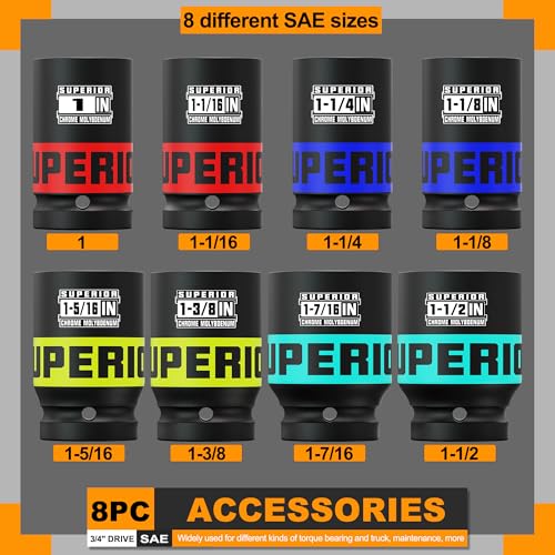 Image of 8 Piece 3 /4 inch Drive Impact Socket Set, 1 inch - 1-1 /2 inch Axle Nut Socket, SAE, 6-Point, Heavy Duty CR-MO, Large Automotive Repairs, Agricultural implement
