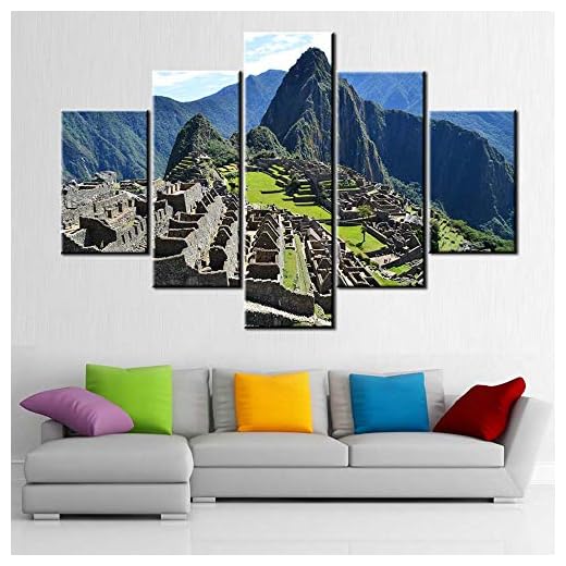 Machu Picchu Pictures Maya and Aztec Paintings for Living Room Giclee Multi Panels Prints Wall Art on Canvas Landscape Artwork Home Modern Decor Framed Gallery-Wrapped Ready to Hang(60''W x 40''H)