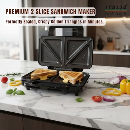 Image of ITALIA Premium Jumbo Sandwich Maker 900W | Non-Stick 2-Slice Triangle Toaster | Electric Panini Press with Cool Touch Handle & Oil-Free Cooking | 1-Year Warranty | Stainless Steel & Black