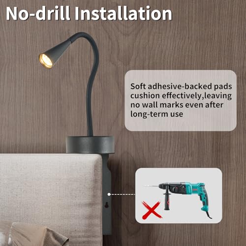 Image of Black Headboard Reading Light, No Drilling Wall Mounted Reading Lights for Bedside, Book Light for Bedtime Reading, Buttonless Dimmable Reading Lamp, Movable Gooseneck Reading Sconces for Bedroom