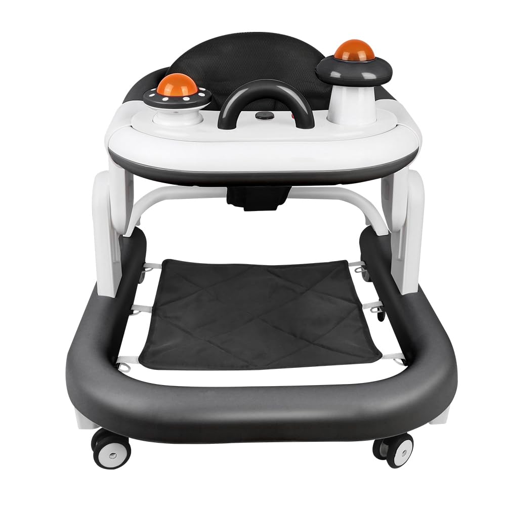 Trotteur Bébé Pliable, 3 Niveaux de Réglage en Hauteur, Boîte Musicale Démontable Transformable en Plateau Repas, 6 Roues Anti-Bascule, Tapis de Pied, Dim 67 * 57 * 46cm (Noir)