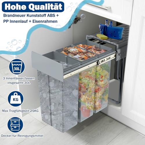 Miniatura 4 de Froadp Cubo De Basura Empotrado Para Cocina, Papelera Extraíble, Colector De Basura Con 3 Compartimentos, Sistema De Separación De Basura, Cajón Completo Con Rieles Telescópicos 48 X 26 X 41,8 Cm