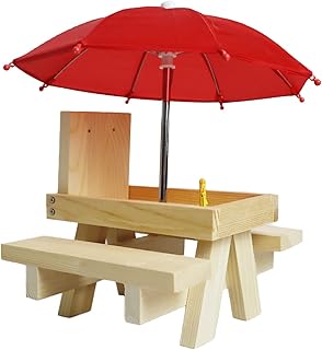 Squirrel Feeder Table with Umbrella, Wooden Squirrel Feeder Picnic Table Corn Cob Holder for Outdoor Durable Cute Chipmunk Birds Feeder, Includes Mount Screws