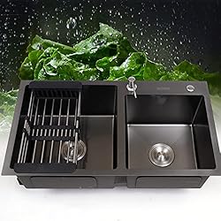Fregadero Negro Con Escurridor Fetcoi Fregadero de cocina de acero inoxidable PVD Nano con dispensador de jabón, juego de 78 x 43 x 22 cm, fregadero adecuado para cocina y lavandería, Negro