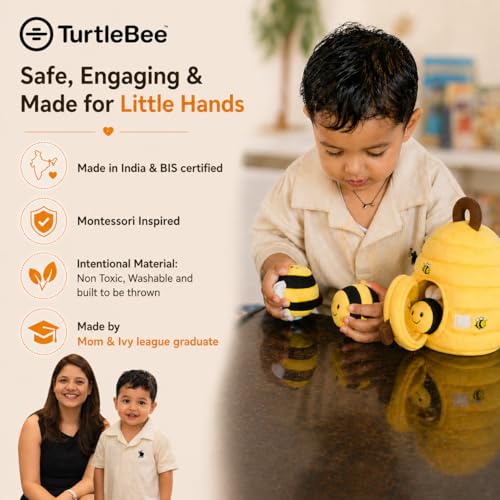 Image of TurtleBee Sensory Bee Baby Toy for 1 year Old - Montessori Soft Beehive Hide & Seek Toy with Plush Bumble Bees, Crinkle, Rattle & Mirror | Developmental Toys for Toddlers | Birthday Gift for 1,2,3 Years Old