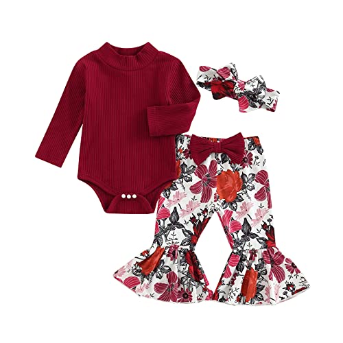 Image of Yingyingni Newborn Baby Girl Clothes Set Long Sleeve Jumpsuit Tops+Flared Pants+Headband 3 Pcs Cute Bell Bottom Outfits