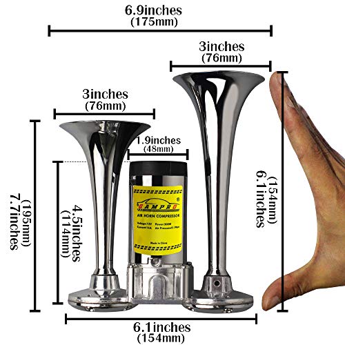 GAMPRO Air Horn 12V 135db, Chrome Zinc Dual Trumpet Air Horn with Compressor Easy Install for Any 12V Vehicles Trucks Lorrys Trains Boats Cars Vans - Thumbnail 2