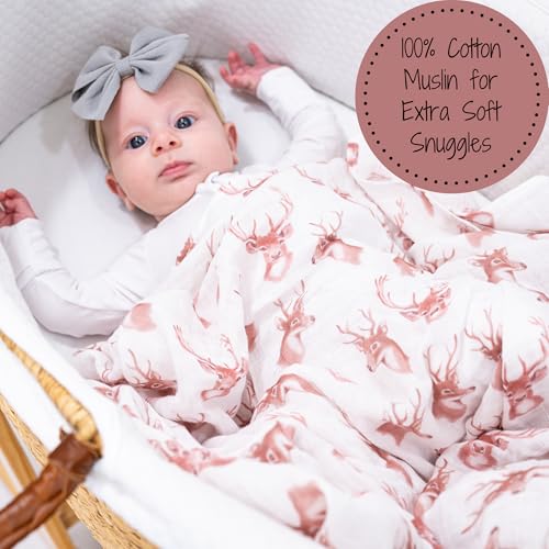 Image of LollyBanks Muslin Swaddle Blanket, 100% Cotton Cozy Baby Blankets for Boys and Girls, Soft and Breathable 47 x 47 Inches Newborn Receiving Blanket, Baby Registry Must Haves (Deer Head Print)