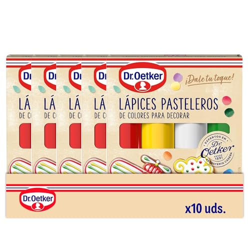 DR. OETKER - Pack de 10 Uds de 4 Lápices Pasteleros de Colores, para Repostería, Color Amarillo, Rojo, Verde y Blanco, Decorar Tartas, Galletas y Cupcakes, Fácil Aplicación