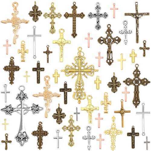stino 100 Gram Cross Metal Charms for Jewelry Making Silver & Gold Plated Bulk Pack Cross Pendants for Bracelets Necklaces Crafts (Cross Mixed Color)