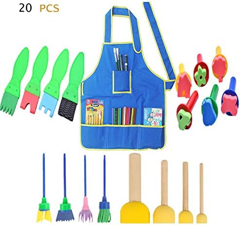 Swovo Painting Apron Kids Art Smock 2 Pack Children Waterproof Apron Smock for Drawing Early DIY Painting Learning with Paint Brush Sponge Paint Tools 18 PCS (Total 20 PCS)