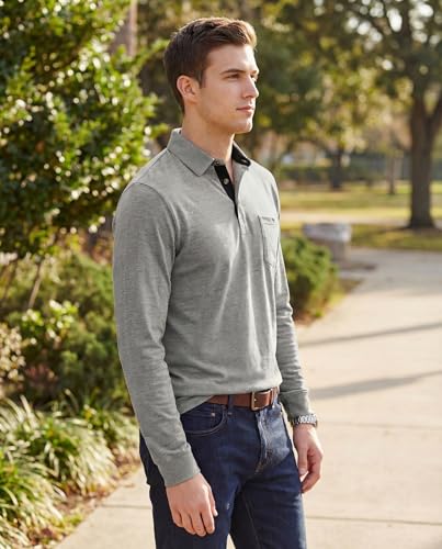 Camiseta polo para hombre de manga larga con cuello contrastante y botones, estilo casual para golf y uso diario | Bolsillo en el pecho, transpirable, ligera, diseño clásico sin costuras visibles, movimiento flexible, estilo de trabajo a fin de semana miniatura 2