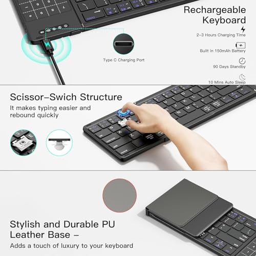 Image of Tobo Foldable Bluetooth Keyboard with Touchpad & Number Pad, Tri-Fold, 3 Bluetooth+2.4GHz, iOS Android Windows macOS, 90 Days Standby, Type-C Rechargeable (TD-BK77T)