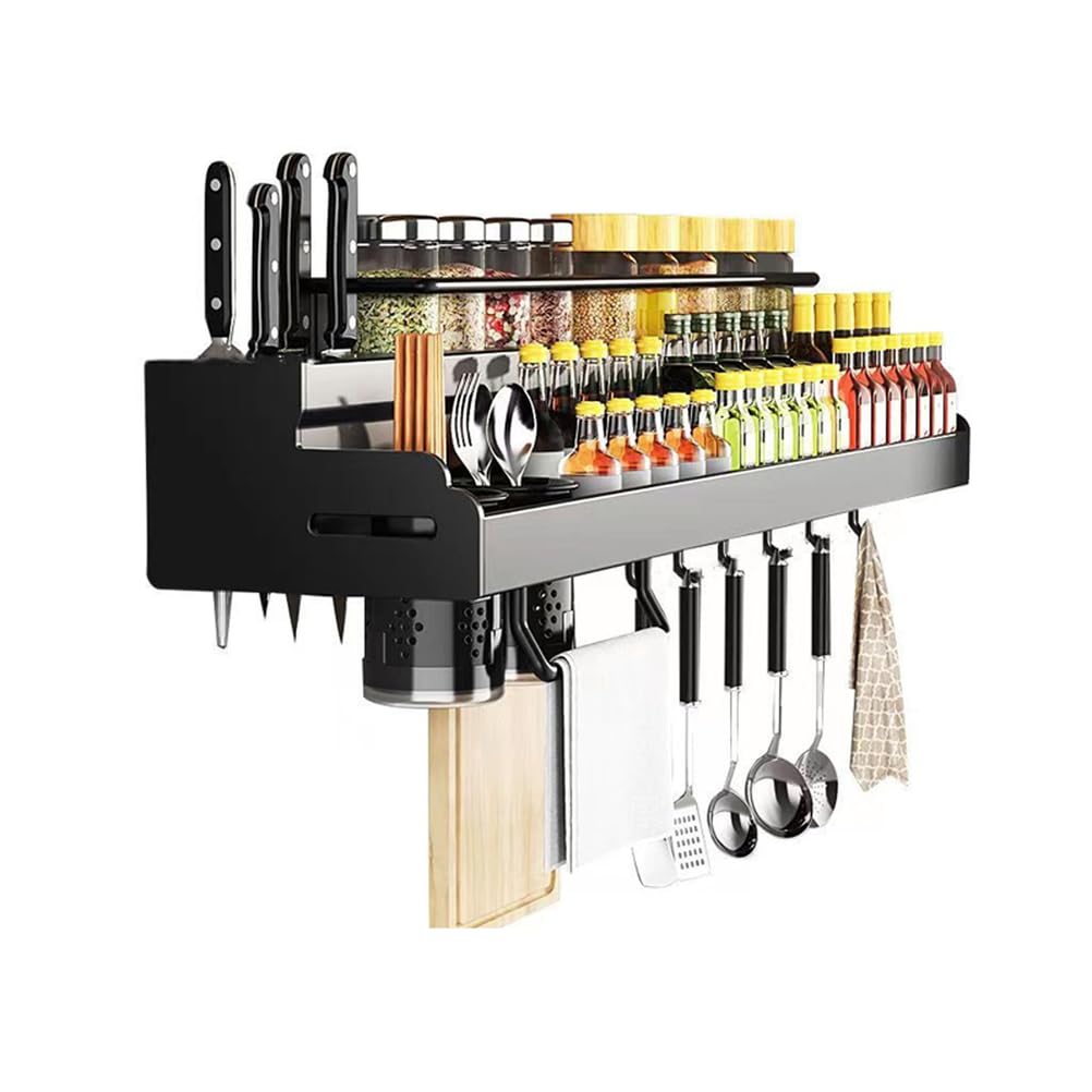 Estante para Especias de Pared - Estantes de Cocina de 70 cm para frascos y Botellas de condimentos. Elegante solución de Almacenamiento Colgante en Color Negro para una organizaci