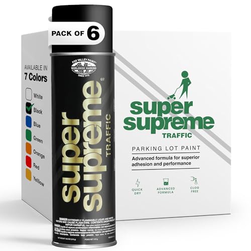Fox Valley Super Supreme Traffic Marking Spray Paint – Fast-Drying, Long Lasting, Durable & Weather-Resistant - Marking Paint for Roads, Parking Lots, Sidewalks & Factory Floors, 18oz (6-Pack, Black)