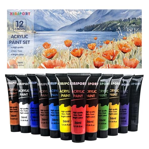 KINSPORY Acrylfarben Set 12 x 36 ml – Wasserbeständig, zertifiziert sicher – Für Leinwand, Holz, Stoff – Geschenk für Künstler und Anfänger