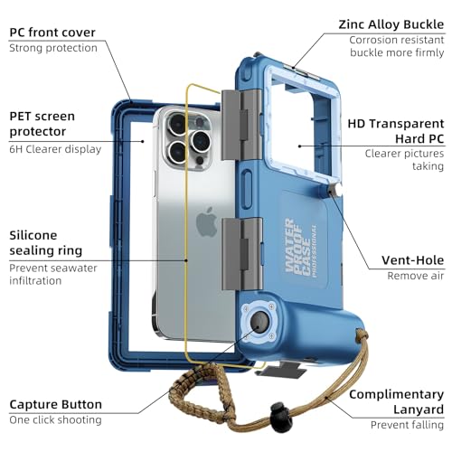 Towevine 2026Underwater Snorkeling Diving Phone Case for iPhone 17/16/15/14/13Pro Max Galaxy S25/ S24/S23/S22/.[50ft/15m] Professional Scuba Dive Waterproof Case Underwater Photo Video Cove Blue by Towevine - Used condition - Image 6