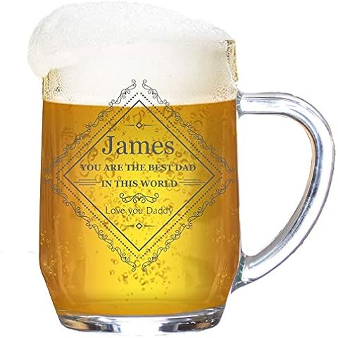Personalised Tankard Glass Stein Engraved 1 Pint Beer Tanker Men Handle Wreath Vintage Square Gift Box 590 ml Cover