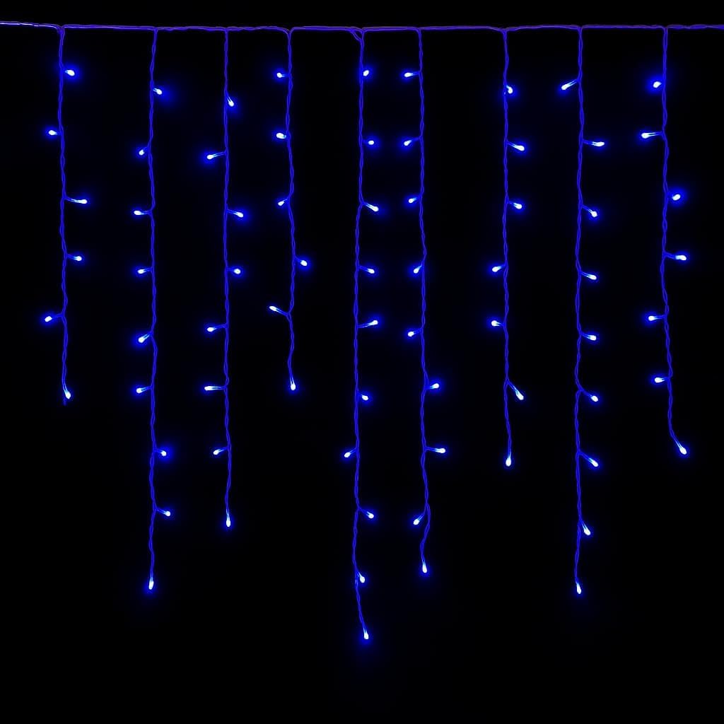 Elektronova Tenda Luminosa 200 LED, 5Mt, Luce Blu, Cavo Bianco, IP65, Prolungabile, Effetto Flash, Con fili pendenti a lunghezze alternate (30–70–40–60 cm) per effetto a cascata