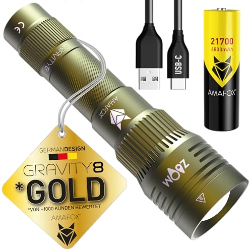 AMAFOX G8 - (2100 Lumen / 21700 mAh Akku) - Modell 2025 | XENON-LED Taschenlampe - Extrem Hell | USB-C aufladbar