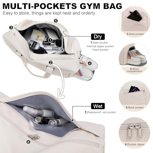 NOL Waterproof Gym Duffle Bag for Men & Women with Shoe & Wet Compartments, Multiple Pockets | Adjustable Shoulder Strap for Sports, Travel, Fitness, Workout & Hospital Use, Cream3
