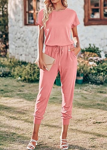 KIRUNDO Jumpsuits for Women Summer 2026 Casual Short Sleeve One Piece Outfits Drawstring Waist Long Pants Romper Jumpers(Light Pink, Small) — view 2