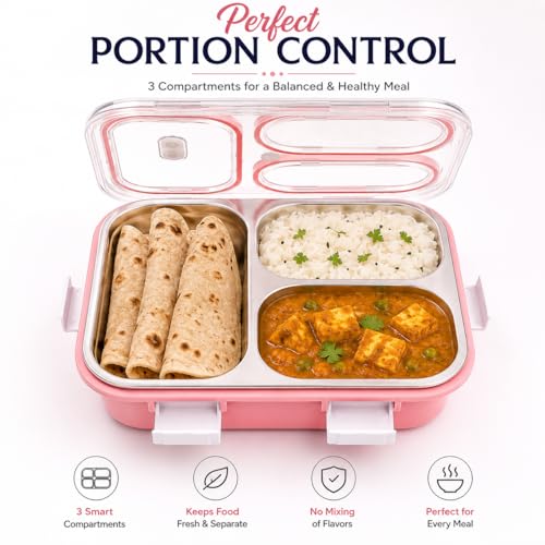 Image of 950ML Stainless Steel Bento Lunch Box |3 Compartments, Leakproof Tiffin Box with Spoon & Fork for School | Office & Travel (Pink)