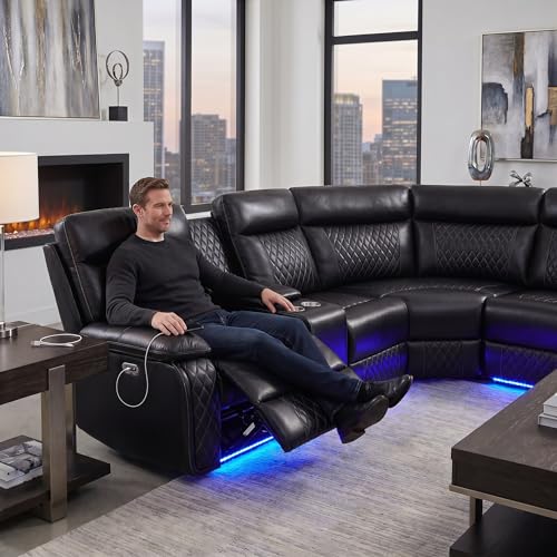 Image of Power Reclining Sectional Sofa for Living Room,Modern L-Shaped Air Leather Sectional Couch Set,Recliner Sofa Set,with LED Lights,Cup Holder,Storage,Charging Ports,Home (Blcak)