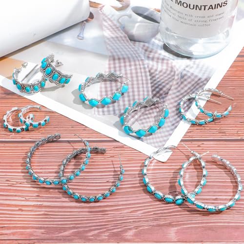 NEWITIN 6 Pairs Turquoise Hoop Earrings for Women Hypoallergenic Earring Bohemian Oval Earring Statement Ethnic Hoop Turquoise Western Earrings for Women4
