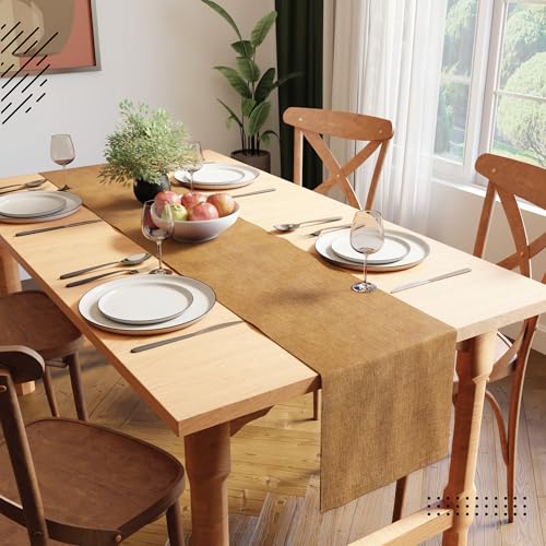 Image of Encasa XO Dining Table Runner for 4 to 6 Seater | 32x240 cm | Mustard | Chenille Fabric | Machine Washable