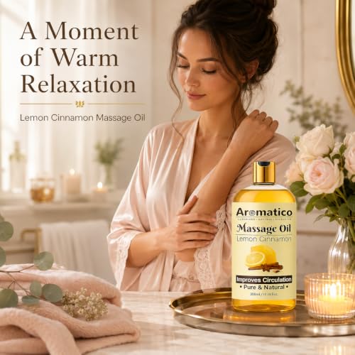 Image of AROMATICO Lemon & Cinnamon Warm Massage Oil - Ideal for Hot Oil Massage | Body Massage Oil with Almond & Jojoba for Full Body Relaxation | 300ml