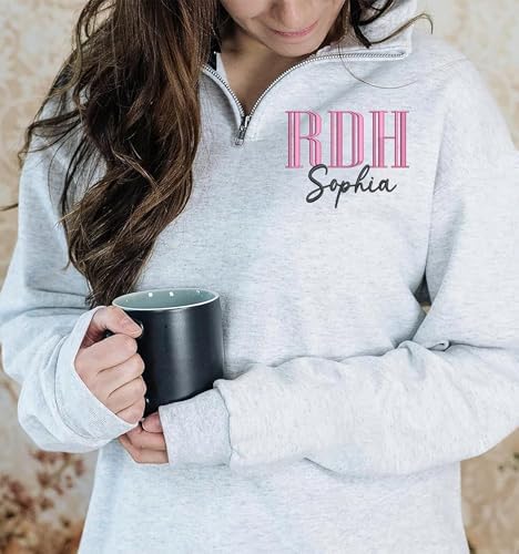 Personalized RDH Quarter Zip Sweatshirt, Custom Registered Dental Hygienist Hoodie, Embroidered Dental Pullover, RDH Graduation Gift for Women, Dental Professional Apparel — view 7