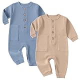 Yookoom Baby Boys Girls 2 Pack Solid Romper Ribbed Long Sleeve One-Piece Knit Cotton Jumpsuit Outfits Clothes,Blue+Khaki,0-3M