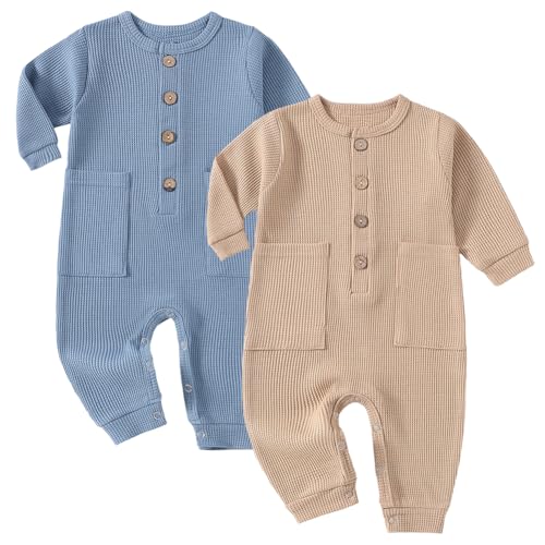 Image of Yookoom Baby Boys Girls 2 Pack Solid Romper Waffle Long Sleeve One-Piece Cotton Jumpsuit Outfits Clothes
