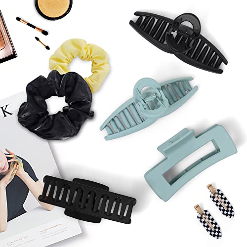 Hair Clips Claws Set For Women 8Pcs Total 4 Pack Large Hair Claws For Thick And Thin Hair, 2 Hair Ties, 2 Hair Clips 3.9 Inch Nonslip Matte Strong Grip Hair Styling Accessories（Black&Blue） #TOP6