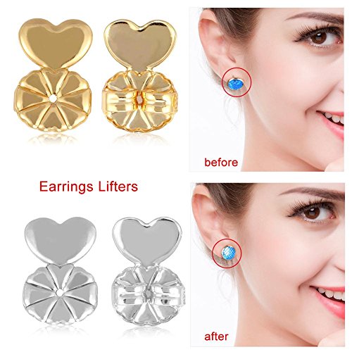 Earring Lifters - 2Pairs/Set Adjustable Earrings Back Ear Stud Nut Lifters Lift Copper Ear Lobe Support (1 pair Silver plated/ 1 pair Gold plated)