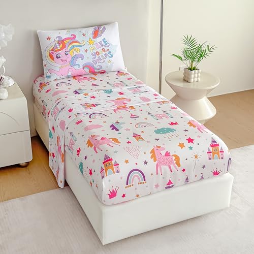 Image of Tailor Shop 4 Pieces Toddler Unicorn Bedding Toddler Unicorn Comforter for Girls Bed in A Bag Includes Quilted Comforter Fitted Sheet Top Sheet and Pillow Case