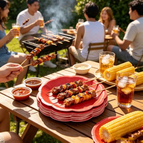 Image of NatNarr 30 Pcs Red Paper Plates 9 Inch Scalloped Dinner Cake Plates | Red Party Plate Disposable Picnic Plate for BBQ, Seafood Boil Party, Wedding, Birthday