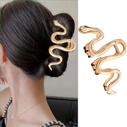 Large Snake Metal Hair Claw Clips - 4.3 Inch Non-Slip Threaded Gold Barrettes for Thick Shiny Hair - Strong Crab Claws for Women and Girls with Thick Hair