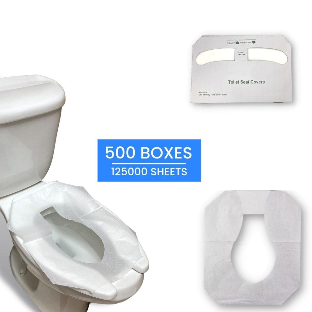 PSBM Toilet Seat Covers Liners, Half Pallet 125,000 Bulk Pack (500 Packs of 250) Flushable & Disposable Paper Sanitary Covers for Bathroom, White, Fits Half Fold Seat Cover Dispensers