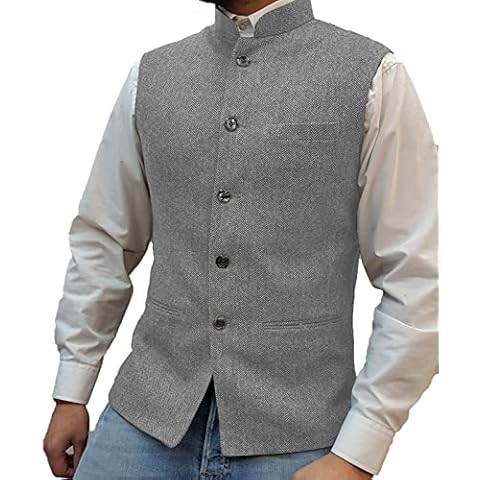 Mens Vintage Suit Vest Zhongshan High Collar Tweed Waistcoat for Men Groosmens (Silver Grey,XXXL) Cover
