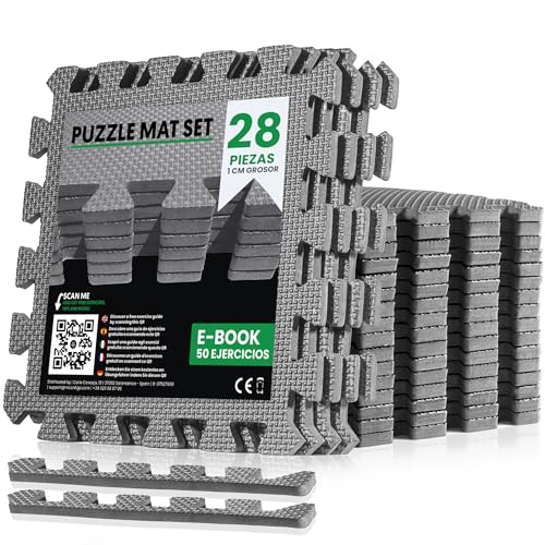 unycos - Esterilla Fitness Puzzle para Suelo de Gimnasio【30x30x1 cm】 Set de Protección de Espuma EVA, 28 Piezas, Alfombra Expandible, Tatami para Pisos | Impermeable, No Tóxica (Gris I 2,52 m²)