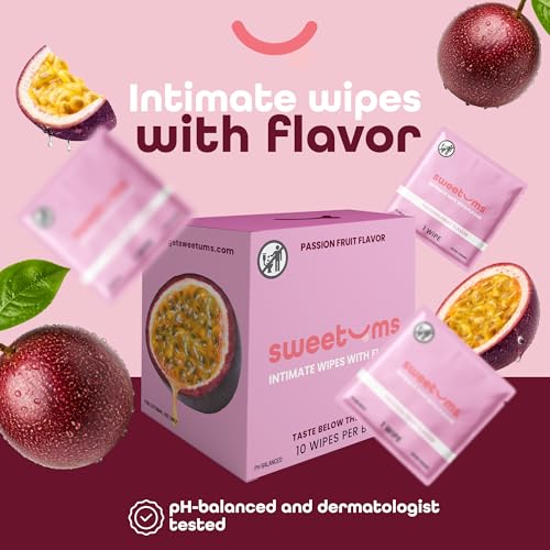 Image of Sweetums Feminine Wipes For Women, Individually Wrapped - pH Balanced Flavored Intimate Wipes - Pack of 10 (Passion Fruit)