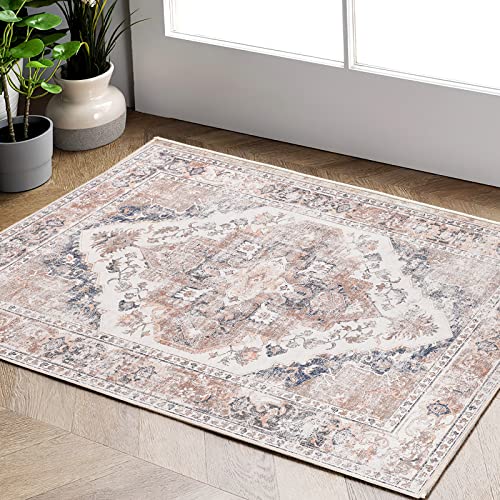 TOPICK Door mat Washable 60x90cm Light Red Entryway Doormat Indoor Floral Print Small Rug Thin Lightweight Non Slip Carpet for Kitchen Bathroom