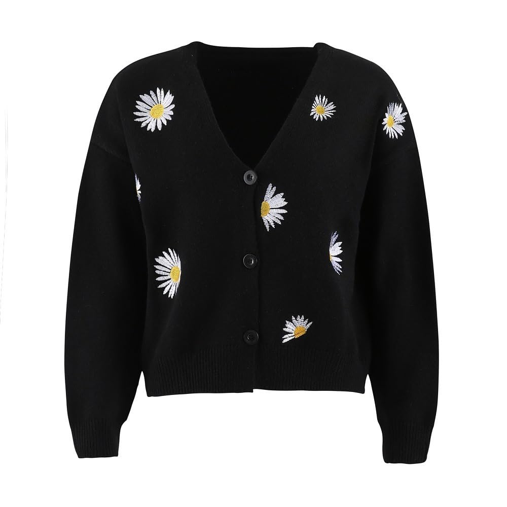 Vintage Daisy Flower Sweaters for Women Cute Cardigan Long Sleeve Button Down Loose Fit Knitted Chunky Sweater