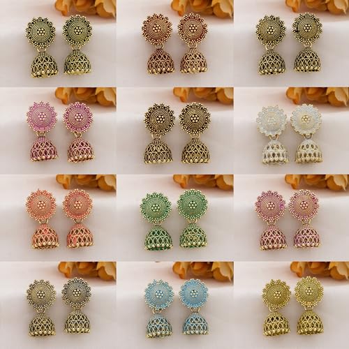 Image of Fancy Fashion Jewellery Jhumka meenakari oxidised kundans flower Earrings for Women Girls Ladies Wife South Indian Traditional Earrings Set stylish small Jhumki Combo pack OF 12