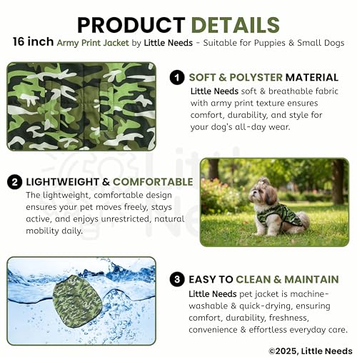 Image of Dog Jacket for Winter (Army Print, 16 Inch) | Camouflage Design, Waterproof & Windproof Polyester Coat with Fleece, Adjustable Velcro Closure, Warm Vest for Cold Weather