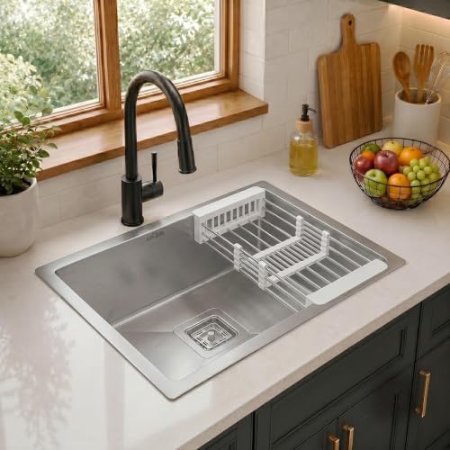 Image of ARQUIN Kitchen Sink 24X18X9 Inch Handmade Single Bowl Stainless Steel Sink || 25 Year Warranty || Matt Finish || Including Coupling, Waste Pipe, Fruit Basket Sinks