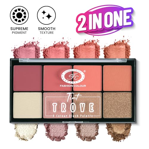 Image of Fashion Colour Tint Trove 8 Colour Blusher Highlighter Palette | Complete With 3 Dazzling HIghlighter Shades | Matte ,Shimmer Blushes & Highlighters | Long Lasting Wear | Multicolor | 20gm | (Shade no : 1)